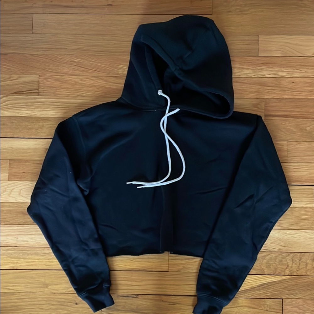 Black Cropped Hoodie with White Drawstrings